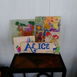 Set of 5 wooden alice n wonderland hand drawn pictures.